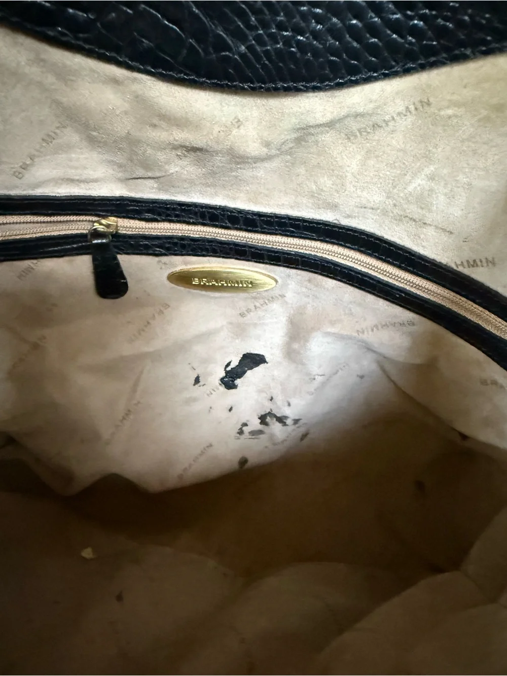 Brahmin Croc-Embossed Black Leather Hobo Bag with Gold Accent